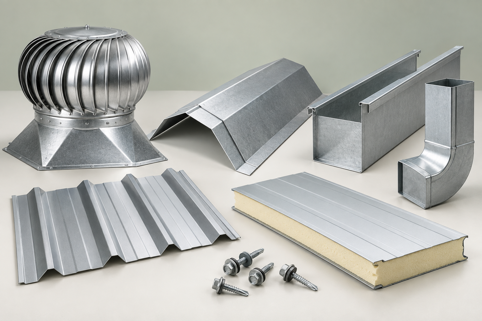 Steel roof accessories and insulation arranged as a catalogue study