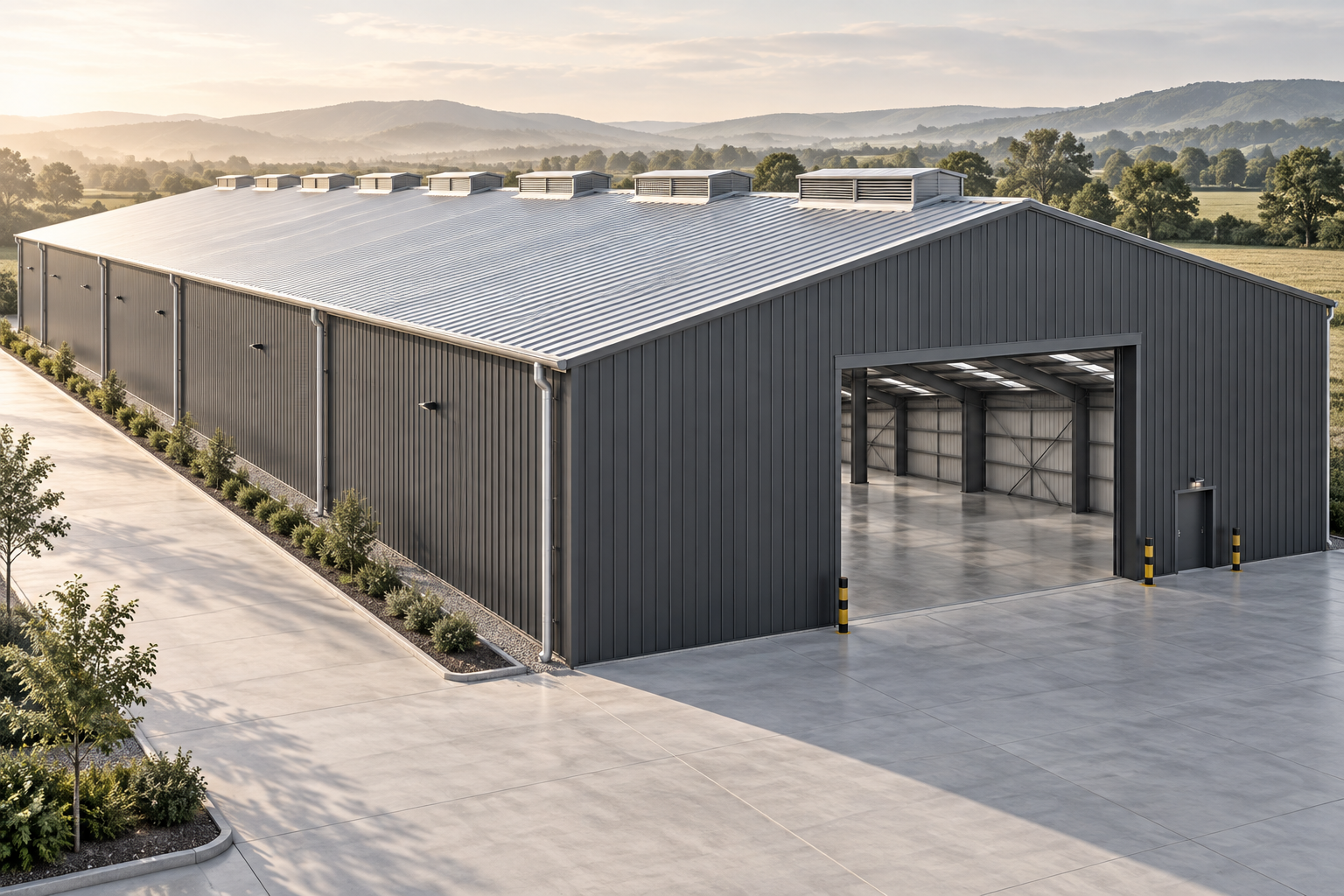 Steel warehouse with roof ventilation and loading access, a PEB building concept