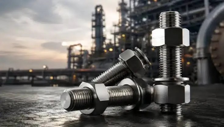 Hex bolts, nuts and washers on an industrial surface