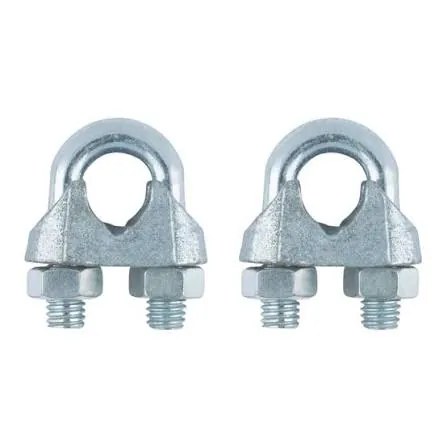 Two zinc-plated wire rope clips with U-bolts